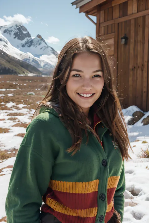 Imagen de hermosa mujer, Incredible nordic beauty, camisa roja de cuadros, joven, delgada, sonriendo, feliz, cabello blanco, ojos verdes, tumbada en la nieve, Background Mountain