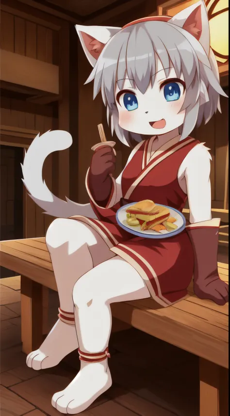 Furry girl, cat, young, gray hair, spiky hairstyle, spiky bangs, blue eyes, small breasts, white body fur, detailed body, detailed face, detailed eyes, glistering body, shiny body, gorgeous body, feets whit three toes, masterpiece, high quality, anime styl...