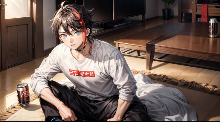 1boy, 8k quality, best quality, akina saegusa vtuber by nijisanji, in living room, sitting on the floor, evening time, beer cans...