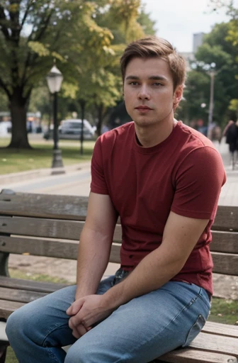 Average man from Finland, 25 years old, short brown hair, average body, wearing short jeans, wearing red t-shirt, sitting on bench in park