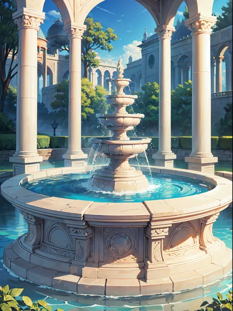 RAW Photos, Best Quality), (animesque:1.2), (((Landscape of large round fountain))), (There are beautiful carvings on the pillars of the fountain.:1.5), Water is blowing up in all directions:1.5, (((fish-eye lens))), (The water of the fountain emits a fant...