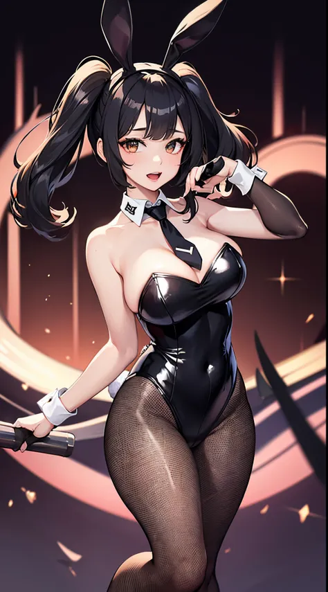 1girl in, Rabbit ears, Animal ears, Playboy Bunny, Long hair, fish net, pantyhose, Leotard, Detached collar, Rabbit tail, pole, tail, Wrist cuffs, strapless leotard, Solo, white  leotard, Smile, money, neck tie, Hair on long black background, fishnets pant...