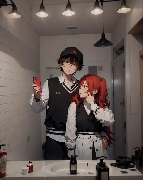 there is a man and red hair woman taking a selfie in a bathroom mirror, kda and sam yang, ruan jia and brom, cai xukun, ruan cute vtuber, lovely couple, & jeehyung lee & wlop, ruan jia and fenghua zhong, profile pic, jk uniform, they are siblings