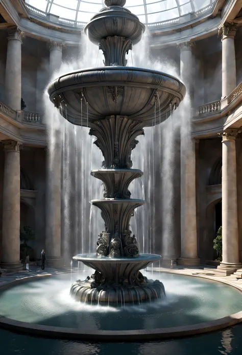 Sci-fi, (suspended giant fountain), lots of water, intricate details,
background: gray science and technology sense building,extremely detailed, best quality, masterpiece, high resolution, Hyperrealistic, ray traced,top-view,  low angle view,  Fresnel ligh...