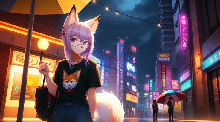 cyber punk perssonage）White fur fox beautiful face jewel-like glasses soft hair furry limbs rain city street glow t-shirt umbrella beautiful light and shadow、ambient lights、Ultra-fine fur、Volumetric light is ultra-detailed