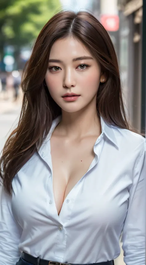 ((Best quality, 8k, Masterpiece :1.3)), Sharp focus :1.2, A pretty woman with perfect figure :1.4, Slender abs :1.2, ((Dark brown hair, Big breasts :1.2)), (White button up long shirt :1.1), City street:1.2, Highly detailed face and skin texture, Detailed ...