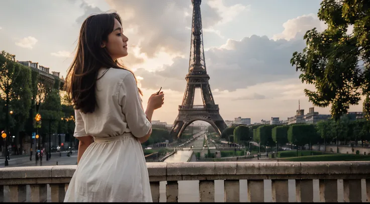 Wide shot, from behind,light from back,1 girl, Eiffel tower, ethical dress, happy,warm color grading,wind blow,Fujifilm,55mm, masterpiece, beautiful, best quality