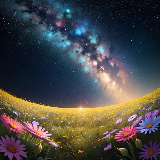 A starry sky and a field of flowers