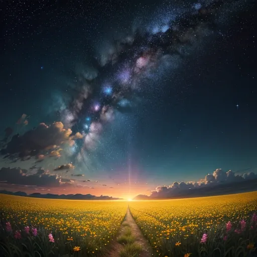 A starry sky and a field of flowers