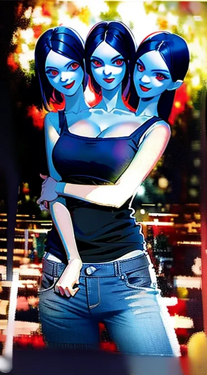 (Masterpiece, best quality), best resolution, (2heads:1.5), 1girl, vampire, black hair, different hairstyles, shoulder length hair, red eyes, evil smile, mouth open, different facial expressions, mouth closed, grey tank top, blue jeans, holding a red cellp...