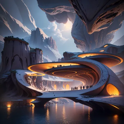 Futuristic islamic architecture design of cave architecture concept art on grand Canyon caves islamic architecture, proportional,detailed, cave architecture nature meets futuristic architecture by Toyo Ito ,residential area, futuristic development, high ri...