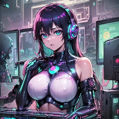 ((Finest quality)),(超A high resolution),(ultra-detailliert),(Meticulous portrayal),((Best Anime)),(Finest works of art),(Ultra-Precision Art),(The art of astounding depiction,Overwhelming depiction:1.5), (top quality cyberpunk:1.5), (Female Hacker:1.5),(fo...