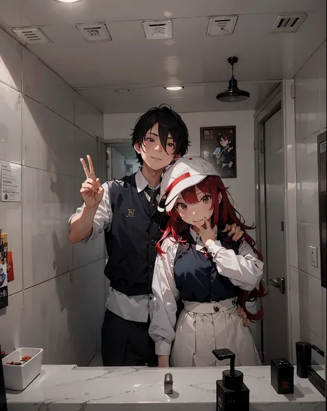 there is a man and red hair woman taking a selfie in a bathroom mirror, kda and sam yang, ruan jia and brom, cai xukun, ruan cute vtuber, lovely couple, & jeehyung lee & wlop, ruan jia and fenghua zhong, profile pic, jk uniform, they are siblings