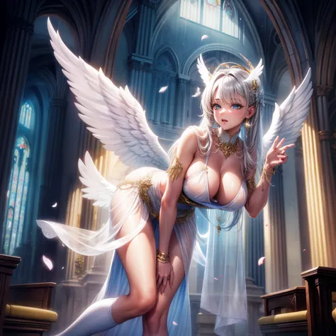 （8K ，hyper-detailing，ultra real photo，Best masterpiece，natural，Perfect artwork，Perfect female body），Cute busty girl ，Hair color，（Big tits），Angelic，obsessed，the angels wings，The halo，Beautiful church，beautiful rain of petals，Gorgeous accessories，golden bril...