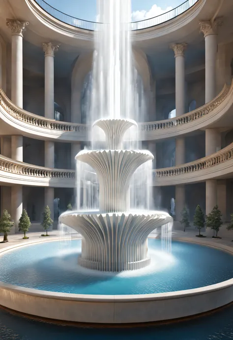 Sci-fi, (suspended giant fountain), lots of water, intricate details,
Background: white science and technology sense building,extremely detailed, best quality, masterpiece, high resolution, Hyperrealistic, top-view,  low angle view,  ray traced,global illu...