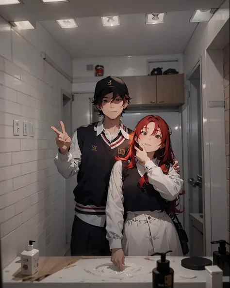 there is a man and red hair woman taking a selfie in a bathroom mirror, kda and sam yang, ruan jia and brom, cai xukun, ruan cute vtuber, lovely couple, & jeehyung lee & wlop, ruan jia and fenghua zhong, profile pic, jk uniform, they are siblings