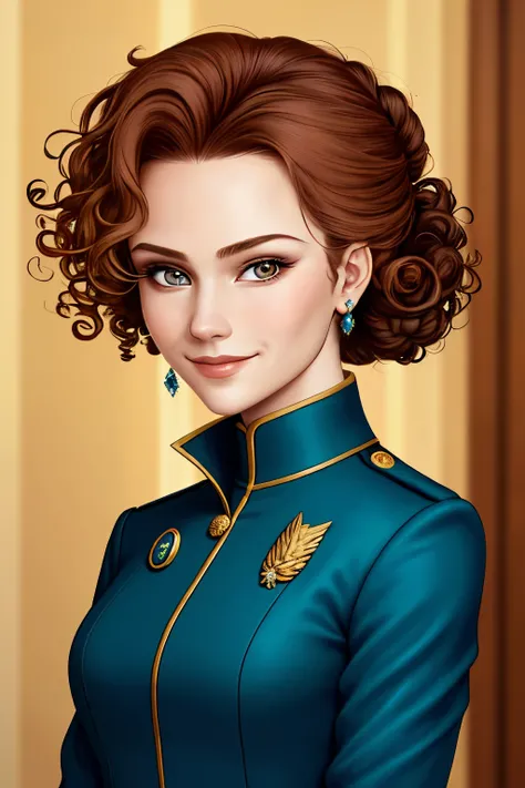 upper body photo of AnastasiaCebulska, focus on smiling face, wearing a pant suit , her hair is styled as Low Bun with Curly Hair,