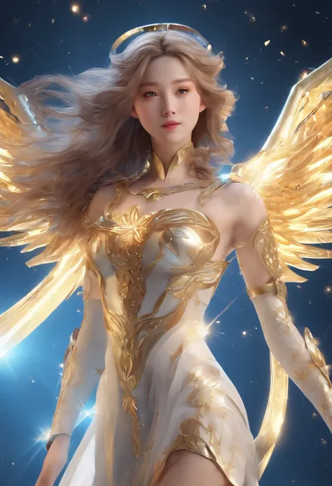 Best quality at best, A high resolution, Angel Yan, floats in space, energy sphere, Light particles, shinny hair, shining star, fanciful,