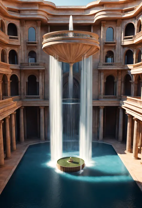 Sci-fi, (suspended giant fountain), lots of water, intricate details,
Background: Minimalist architecture with a sense of technology,extremely detailed, best quality, masterpiece, high resolution, Hyperrealistic, top-view,  low angle view,  ray traced,glob...