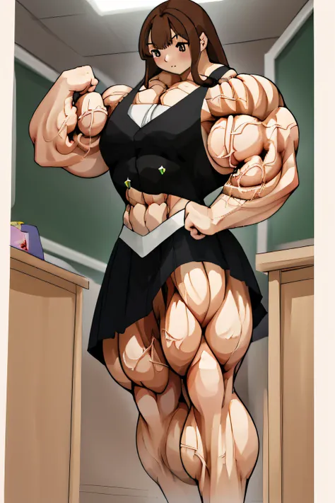 masterpiece drawing, 13 years old mean girl, classroom, undersized tight school uniform, long hair, brown hair (giantess), highres, ((((muscular))) hyper detailed.