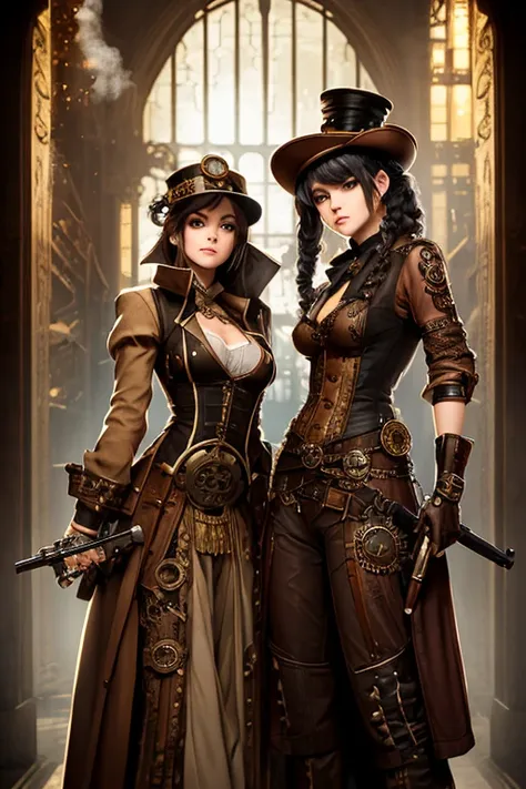 there's a woman wearing a steam punk hat and holding a gun., menina steampunk, usando trajes steampunk, menina inventora steampu...