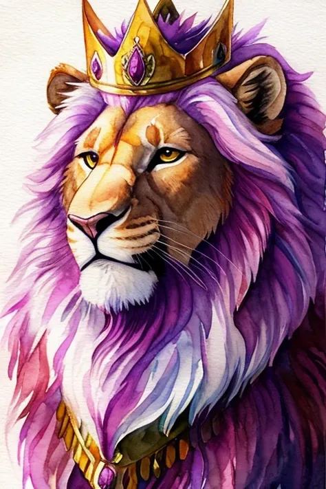 Lion, watercolor, pink, purple, feminine theme, white background, King crown, lion with a kings crown, realistic photo