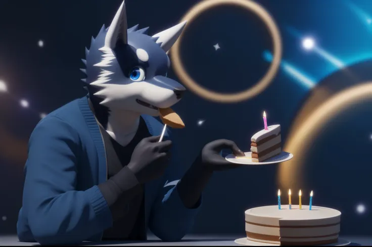 kuugo looking at the viewer while eating a slice of birthday cake wearing a blue jacket and a black shirt blue eyes a very beaut...