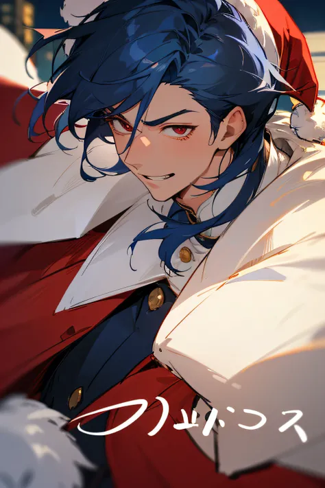 Ultra Detail,Haig Quality,sketch,1boy,matured male,Beautiful face,(Navy blue hair,Outer hair:1.1),Handsome men,Pearl skin,santa claus　Cosplay,,Dynamic Angle,Japan Anime　red eyes,Laugh,dignified expression,city,male in his 20s