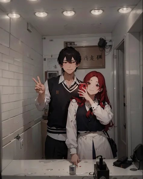 there is a man and red hair woman taking a selfie in a bathroom mirror, kda and sam yang, ruan jia and brom, cai xukun, ruan cute vtuber, lovely couple, & jeehyung lee & wlop, ruan jia and fenghua zhong, profile pic, jk uniform, they are siblings