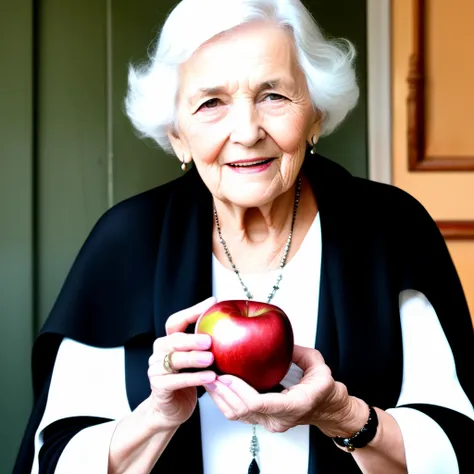 A beautiful and kind old woman with white and black hair, wearing a white dress and a black shawl, holds an apple with kindness.