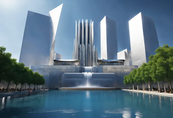 sci-fy, (huge fountain), Lots of water, asymmetrical, Complicated details,
Background with: minimalist silver building,The is very detailed, Best quality at best, tmasterpiece, A high resolution, Hyper-realistic, top views,  low angle view,  Ray traching,g...