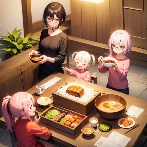 Miso soup with pork and vegetables is poured into a wooden bowl, pink bob hair woman, glasses, take it to her daughter, in the living room.peaceful family time.(masterpiece:1.2), (happy:1.3) dinner.