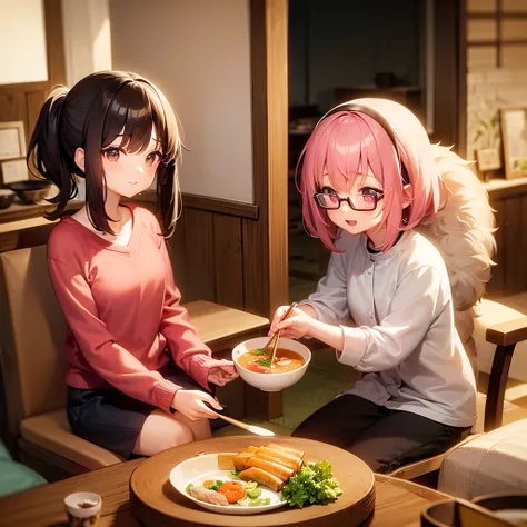 Miso soup with pork and vegetables is poured into a wooden bowl, pink bob hair woman, glasses, take it to her daughter, in the living room.peaceful family time.(masterpiece:1.2), (happy:1.3) dinner.