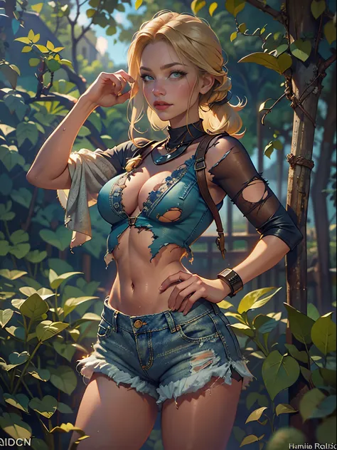 2076 year. The Urban Ruins of the Wasteland, Female huntress picking fruit in the garden, beautiful face, blonde, very torn shirt and denim shorts, shirt in tatters ,  long legs, sweating through, sun rising, Nice warm colors, head to toe full body shot