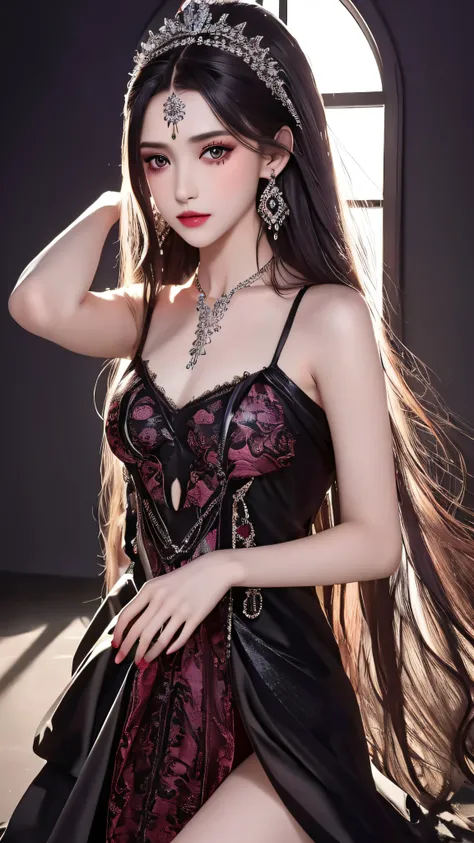 4k, ultra hd, masterpiece, 1 girl, detailed eyes, very long hair, spreading hair, hair ornaments, glossy lips, black princess dress, lace, criss-cross strap dress, bare waist, small breasts, jwellery, earring, necklace, high lighting, dark shadow, window b...