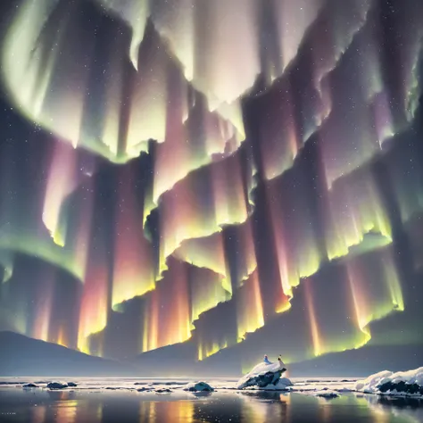 (extreme light，fritillary light，Northern Lights，Conspicuous group of auroras，Aurora Falls，Aurora Beach，Aurora Wave，The entire sky was filled with aurora borealis，Changeable colors，Starcloud，starrysky，black hole：1.55），This is a surreal complex CG rendering....