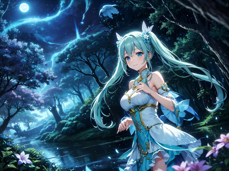 Dynamic Angle、 within a magical forest, a mystical fairy girl emerges, Light blue long hair、Hairstyle is Twintails、adorable smiling、Moonlight twinkle,  flower bloom、The tree々While flapping its wings in the sparkling fireflies, the air resonates with the et...