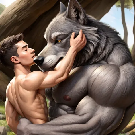 A small male naked human sniffing the armpits of a large grey muscular wolf