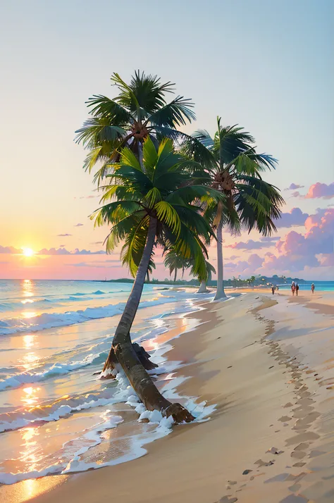 There are two palm trees on the beach near the water.., Palm trees on the beach, It shows the beach at sunset.., Aruba, Caribbean, Sunset Beach, Tropical Beach, At sunrise, Sunset on the beach, sunrise, coconut tree, Bahamas, coconut tree, Tropical Places,...