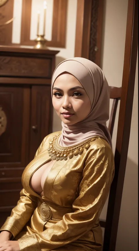 RAW, Best quality, high resolution, masterpiece: 1.3), beautiful Malay woman in hijab (iu:0.8)1beautiful Malay woman ,((big breast)),detail face,perfect yeyes, soft smile, sitting on a chair in a room with a bird cage, batik, traditional beauty, with beaut...