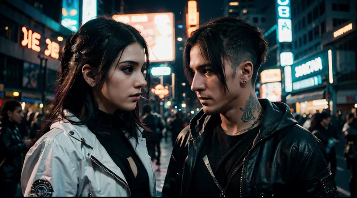 cyberpunk, un hombre blanco junto con una novia, cyberpunk, se miran el uno al otro enamorados, sus labios estan cerca, calles ciberpunk de fondo con muchas luces de neon, de noche, fondo desenfocado