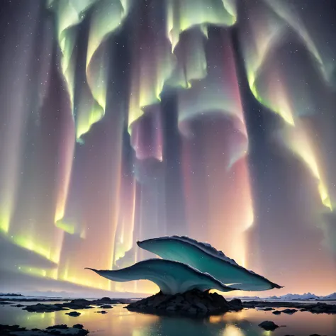 (extreme light，fritillary light，Northern Lights，Conspicuous group of auroras，Aurora Falls，Aurora Beach，Aurora Wave，The entire sky was filled with aurora borealis，Changeable colors，Starcloud，starrysky，black hole：1.55），This is a surreal complex CG rendering....