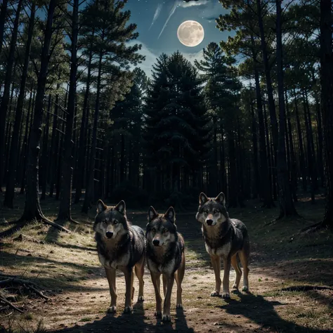 Masterpiece, realistic, 2 wolves, woods, moonlight