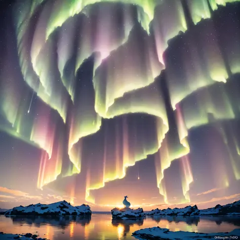 (extreme light，fritillary light，Northern Lights，Conspicuous group of auroras，Aurora Falls，Aurora Beach，Aurora Wave，The entire sky was filled with aurora borealis，Changeable colors，Starcloud，starrysky，black hole：1.55），This is a surreal complex CG rendering....