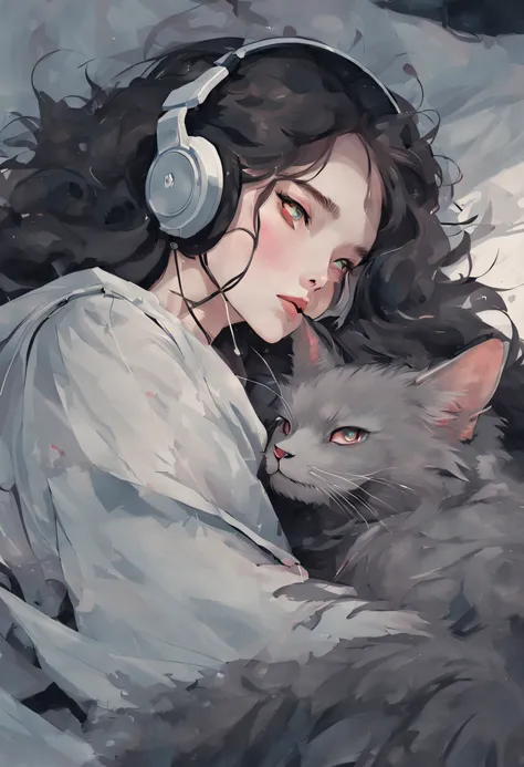 Young isabelle Adjani look alike woman laying in bed with headphones with her nebelung cat, artwork in the style of guweiz, very beautiful cute, cute digital art, nightcore, digital anime illustration, cute detailed digital art, adorable digital painting, ...