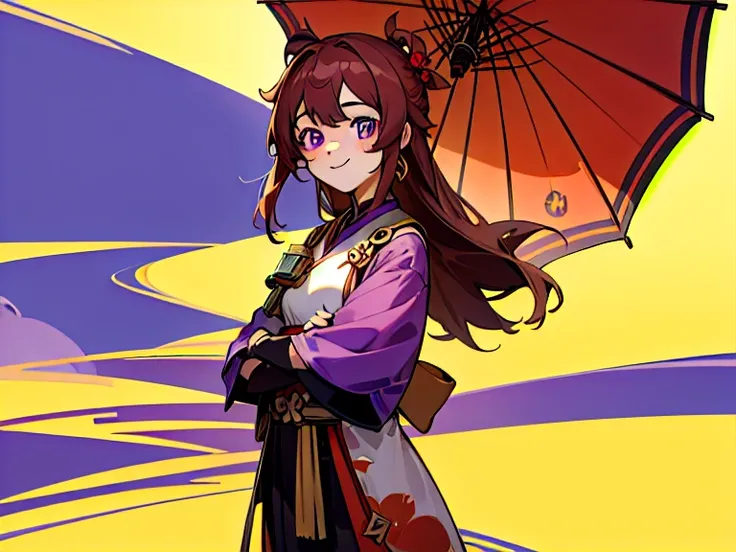 Masterpiece, best quality, 1 girl, Genshin Impact, Beidou, purple eyes, brown long hair, sunny day, smile, standing, looking at viewer, Japanise background, game background