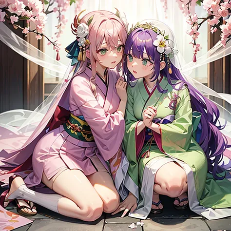 older sister（pink hair、green colored eyes、kimono with white、thigh、white flower hair ornament、green veil）and sister（purple hair l...