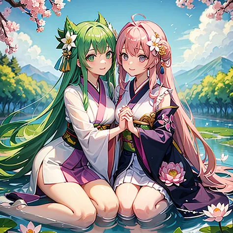 older sister（pink hair、green colored eyes、kimono with white、thigh、white flower hair ornament、green vale）and sister（long purple h...