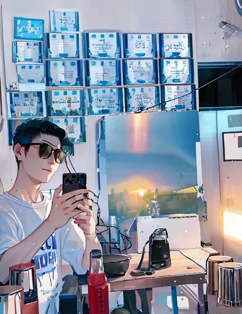 There is a man taking pictures of himself in the mirror, self-shot, Wong Kar-wai style, with sunglass, Selfie Photos, Take a selfie in front of the mirror, aesthetic shoot, very very low quality picture, low quality photo, self-shot!!!!! of a man, 1 7-year...