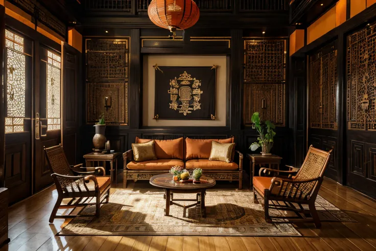 (indochina design LIVINGROOM:1.3), (photo realistic:1.2), (supper detail:1.2),1bed, 1 chair, classical chinese style pattern for the wall, 1 classic altar, 2 indochina chair, indochina style of cabinet, orange wall, indoor, (blackken wood :.1), indochina p...